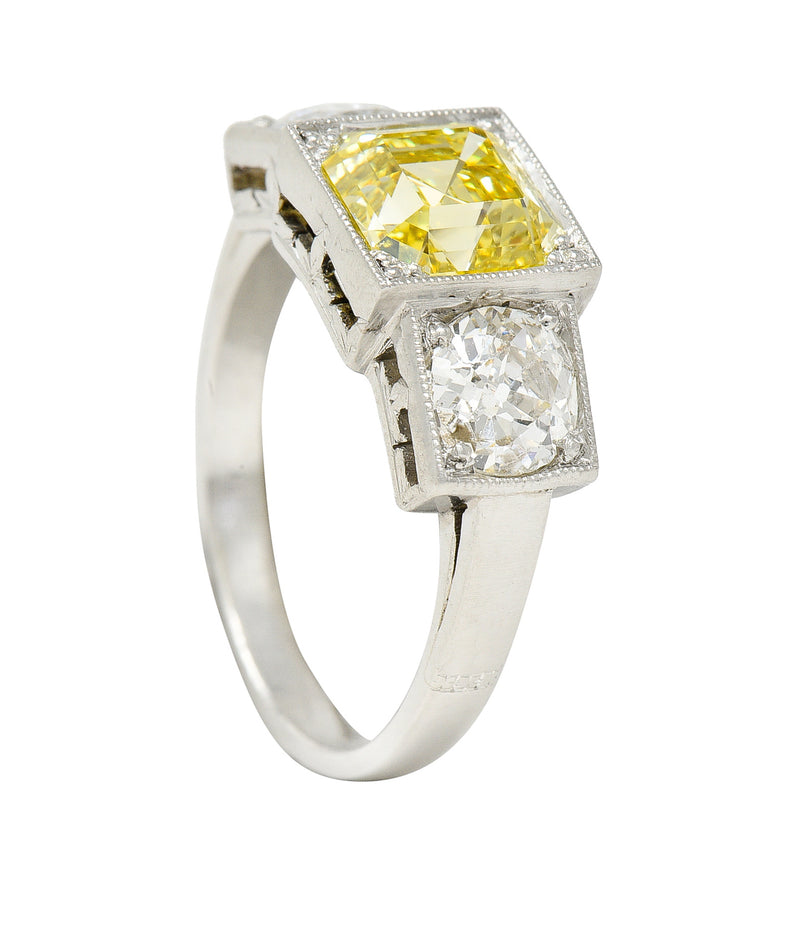 Art Deco 3.20 CTW Asscher Cut Fancy Intense Yellow & Old European Cut Diamond Platinum Foliate Vintage Ring GIA Wilson's Estate Jewelry