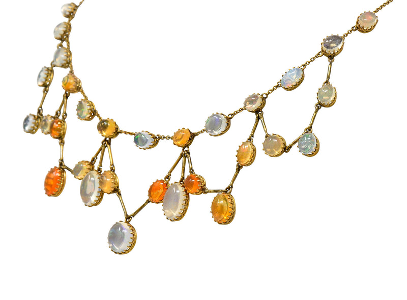 Art Nouveau Jelly Opal & Fire Opal 14 Karat Gold Swag NecklaceNecklace - Wilson's Estate Jewelry