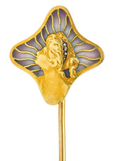 Art Nouveau Diamond Plique-A-Jour Enamel 18 Karat Yellow Gold Gibson Girl Stickpin Wilson's Antique & Estate Jewelry