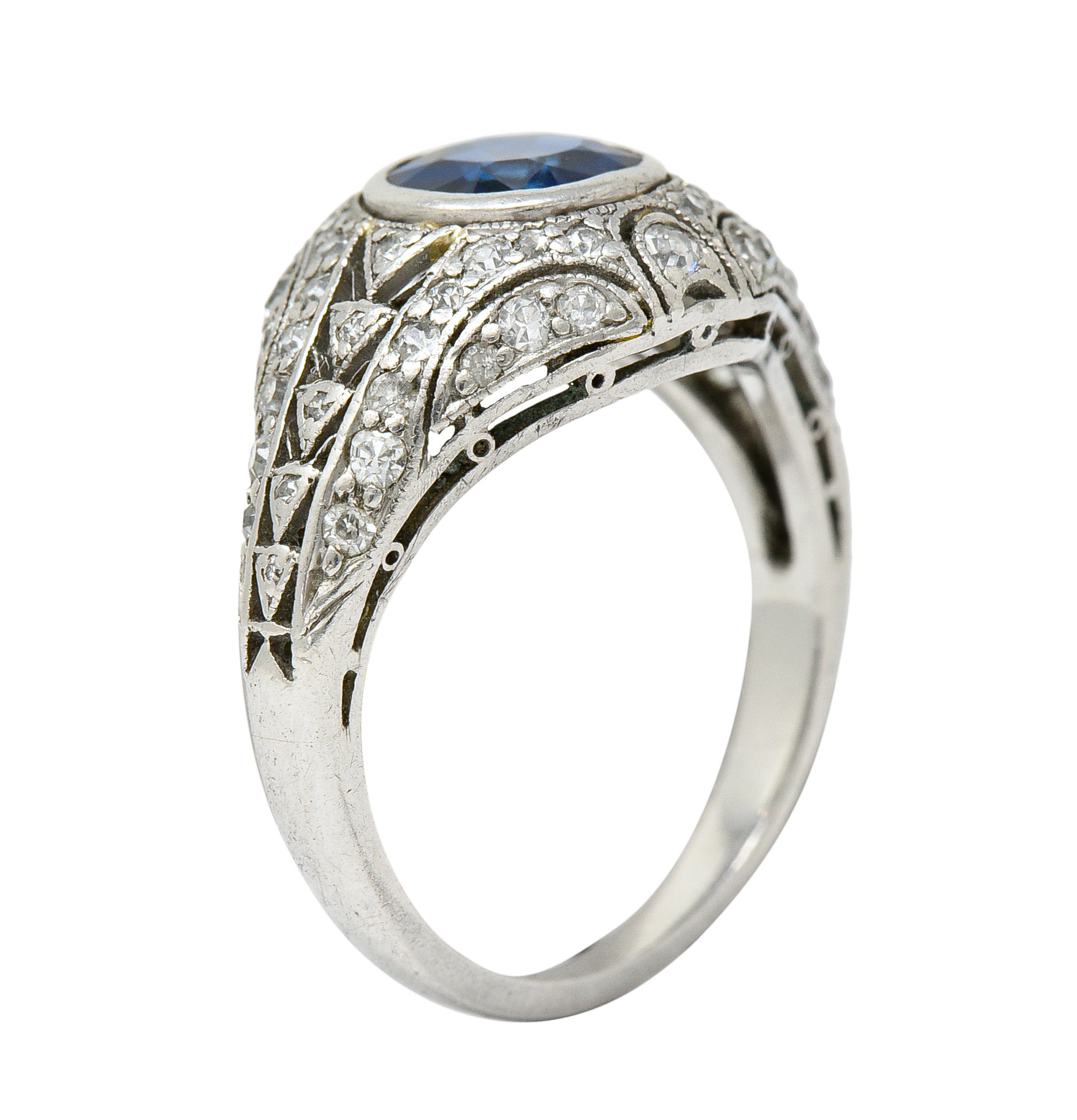 1920's Art Deco Sapphire Diamond Platinum Bombe Band RingRing - Wilson's Estate Jewelry