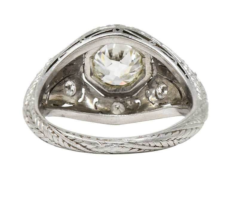 Art Deco 1.53 CTW Old European Cut Diamond Platinum Scrolling Foliate Bombay Vintage Engagement Ring Wilson's Estate Jewelry