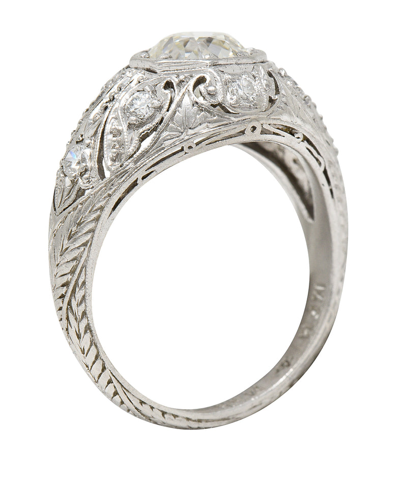 Art Deco 1.53 CTW Old European Cut Diamond Platinum Scrolling Foliate Bombay Vintage Engagement Ring Wilson's Estate Jewelry