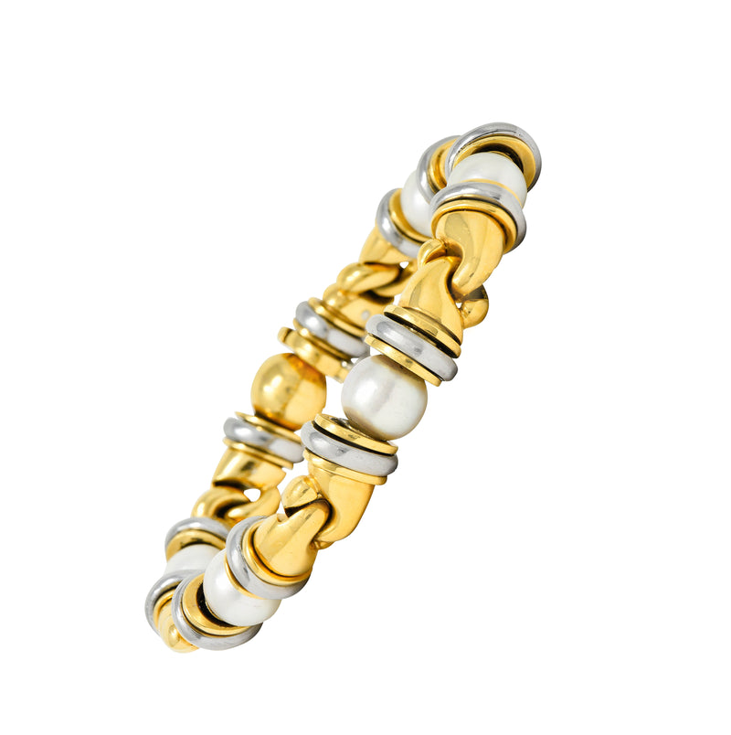 1990's Bulgari Cultured Pearl 18 Karat Gold Stainless Steel Gancio Italian Link Braceletbracelet - Wilson's Estate Jewelry