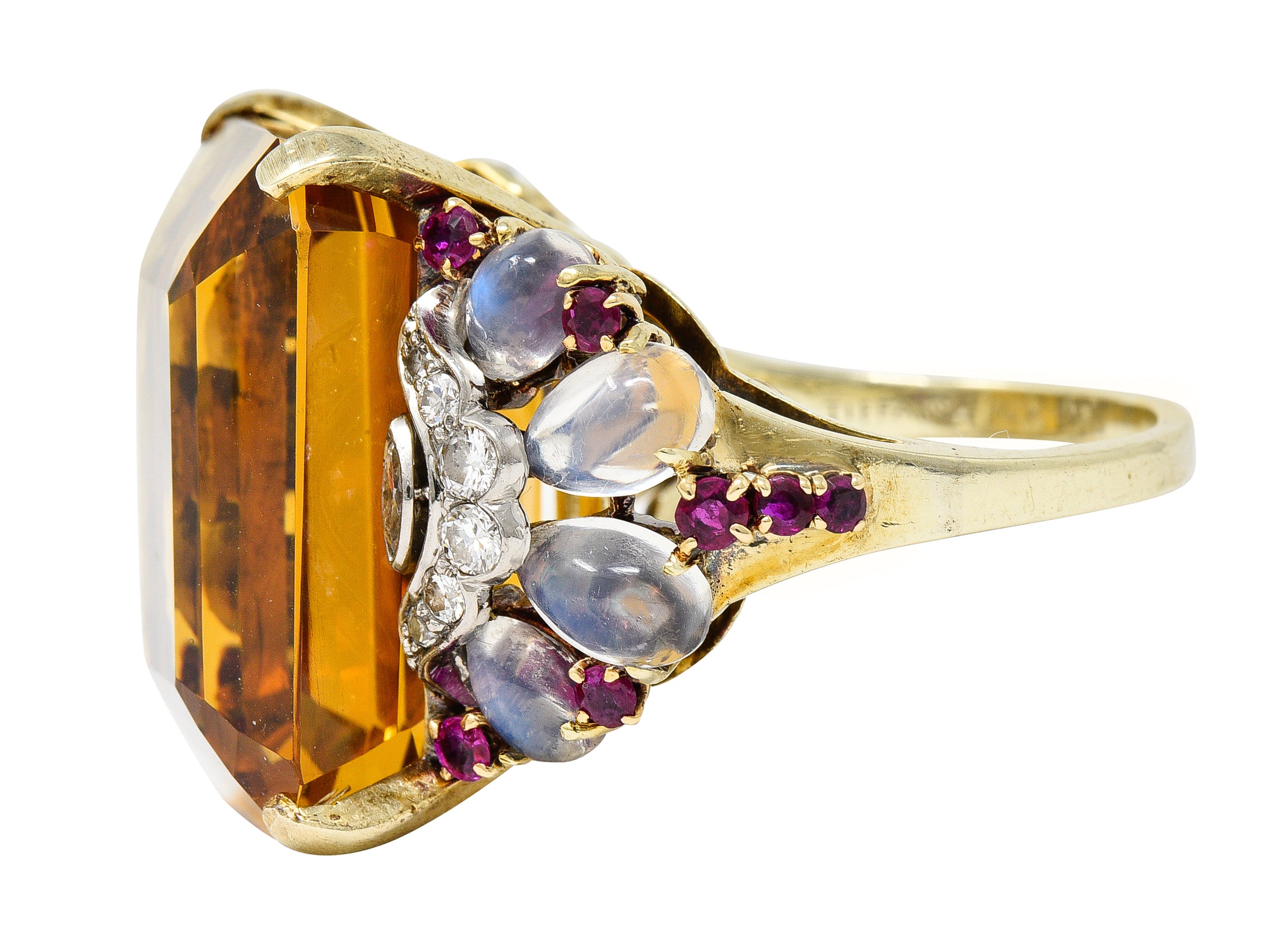 Tiffany & Co. Retro 39.97 CTW Emerald Cut Citrine Diamond Ruby Moonstone Cabochon Platinum 14 Karat Yellow Gold Vintage Cocktail Ring Wilson's Estate Jewelry