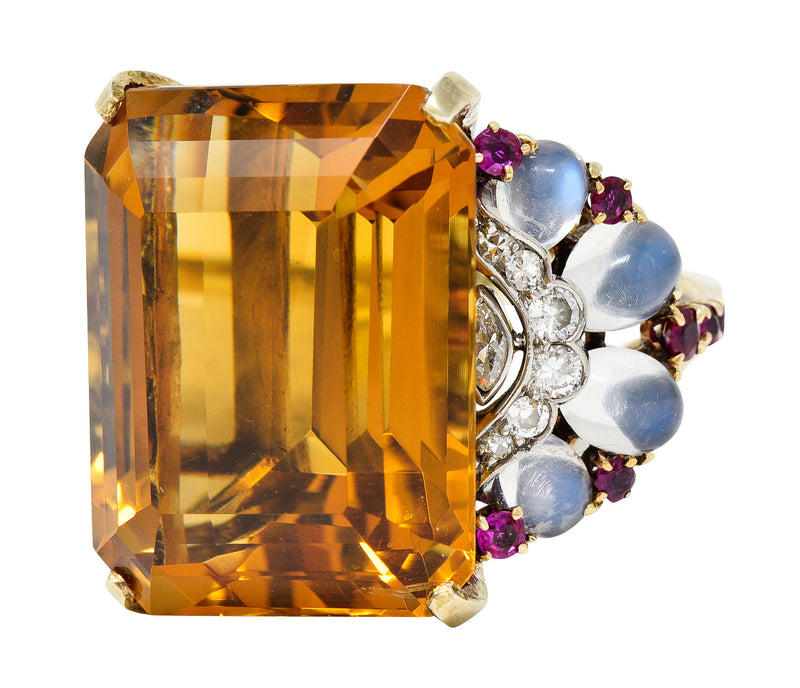 Tiffany & Co. Retro 39.97 CTW Emerald Cut Citrine Diamond Ruby Moonstone Cabochon Platinum 14 Karat Yellow Gold Vintage Cocktail Ring Wilson's Estate Jewelry