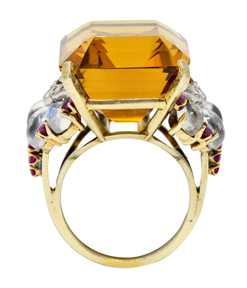 Tiffany & Co. Retro 39.97 CTW Emerald Cut Citrine Diamond Ruby Moonstone Cabochon Platinum 14 Karat Yellow Gold Vintage Cocktail Ring Wilson's Estate Jewelry