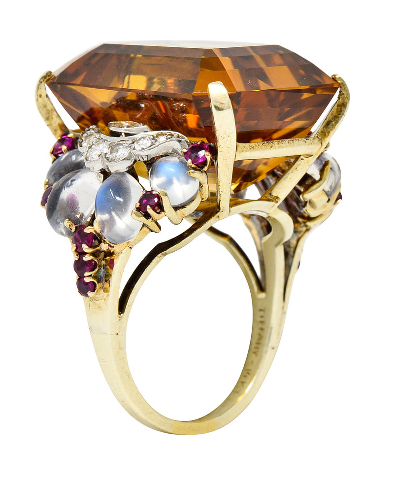 Tiffany & Co. Retro 39.97 CTW Emerald Cut Citrine Diamond Ruby Moonstone Cabochon Platinum 14 Karat Yellow Gold Vintage Cocktail Ring Wilson's Estate Jewelry
