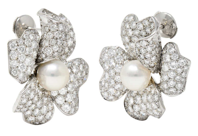 Cartier Vintage 9.28 CTW Diamond South Sea Pearl 18 Karat White Gold Flower Earrings Wilson's Estate Jewelry