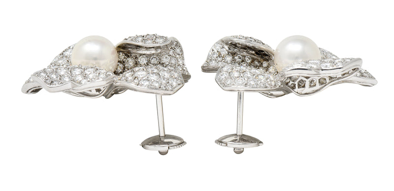 Cartier Vintage 9.28 CTW Diamond South Sea Pearl 18 Karat White Gold Flower Earrings Wilson's Estate Jewelry