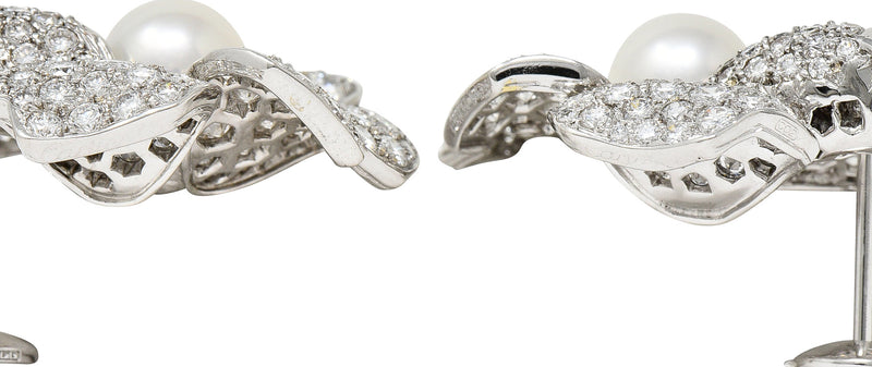 Cartier Vintage 9.28 CTW Diamond South Sea Pearl 18 Karat White Gold Flower Earrings Wilson's Estate Jewelry