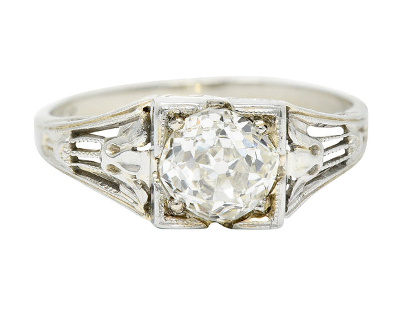 Art Deco 1.02 CTW Diamond 18 Karat White Gold Lotus Engagement Ring GIARing - Wilson's Estate Jewelry