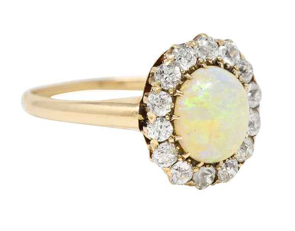 Victorian Old Mine Diamond Opal Cabochon 14 Karat Rose Gold Antique Cluster Ring