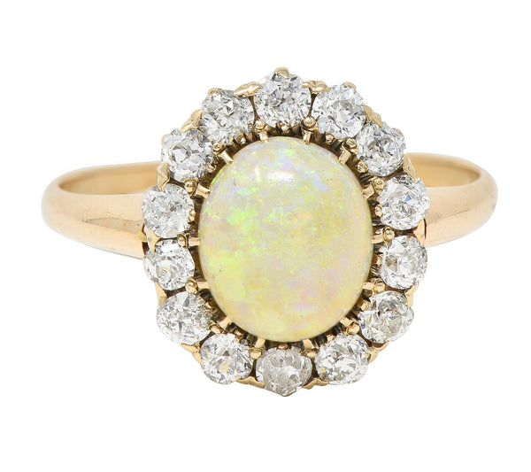 Victorian Old Mine Diamond Opal Cabochon 14 Karat Rose Gold Antique Cluster Ring