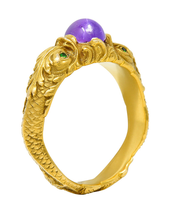 1890’s Art Nouveau 2.68 Star Ruby Cabochon Demantoid Garnet 14 Karat Yellow Gold Koi Fish Antique Unisex Gemstone Ring Wilson's Estate Jewelry