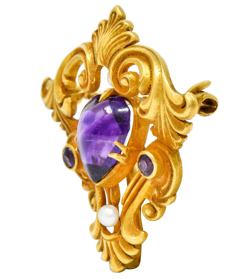 Art Nouveau Amethyst Pearl 14 Karat Gold Foliate Whiplash Pendant BroochBrooch - Wilson's Estate Jewelry