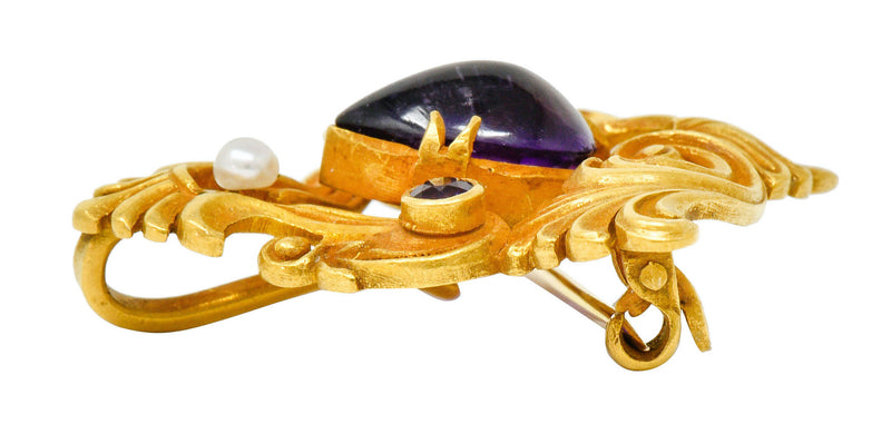Art Nouveau Amethyst Pearl 14 Karat Gold Foliate Whiplash Pendant BroochBrooch - Wilson's Estate Jewelry
