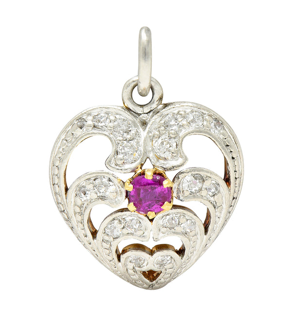 Edwardian Ruby Diamond Platinum-Topped 18 Karat Gold Heart Charm Wilson's Estate Jewelry