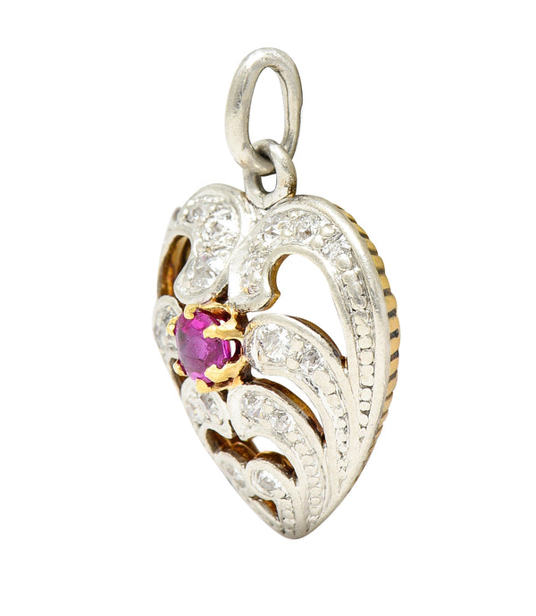 Edwardian Ruby Diamond Platinum-Topped 18 Karat Gold Heart Charm Wilson's Estate Jewelry