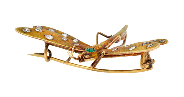 A.J Hedges & Co. Art Nouveau Emerald Diamond 14 Karat Yellow Gold Dragonfly Antique Brooch Wilson's Estate Jewelry