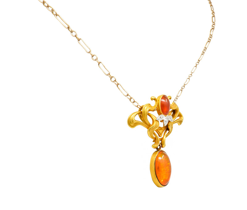 Art Nouveau Mexican Fire Opal Diamond 14 Karat Gold Whiplash Pendant NecklaceNecklace - Wilson's Estate Jewelry