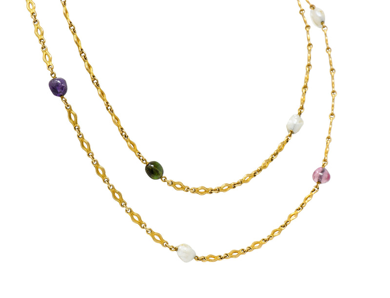 Victorian Multi-Gem Baroque Pearl 14 Karat Gold 52 Inch Chain NecklaceNecklace - Wilson's Estate Jewelry