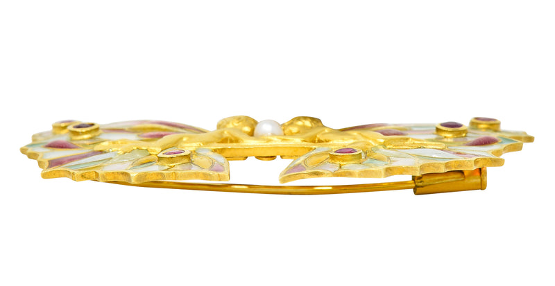 Masriera Ruby Pearl Plique-a-Jour Enamel 18 Karat Yellow Gold Fairy Pendant Brooch Wilson's Estate Jewelry