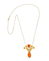 Art Nouveau Mexican Fire Opal Diamond 14 Karat Gold Whiplash Pendant NecklaceNecklace - Wilson's Estate Jewelry