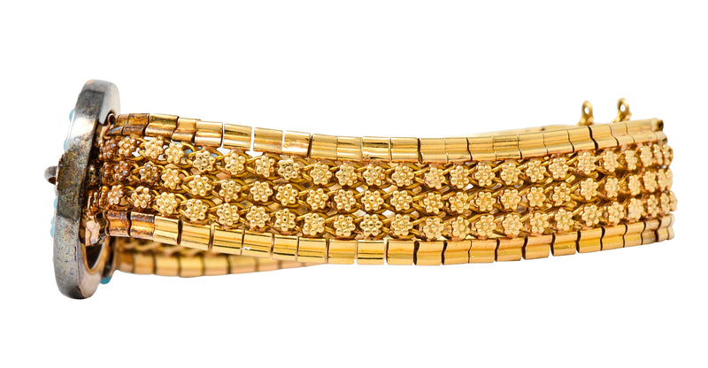 Victorian Etruscan Revival Gemstone Cabochon 18 Karat Yellow Gold Tassel Buckle Bracelet Wilson's Estate Jewelry