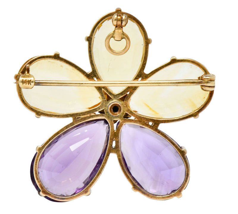 Art Nouveau Citrine Amethyst 14 Karat Rose Gold Flower Pendant BroochNecklace - Wilson's Estate Jewelry