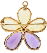 Art Nouveau Citrine Amethyst 14 Karat Rose Gold Flower Pendant BroochNecklace - Wilson's Estate Jewelry
