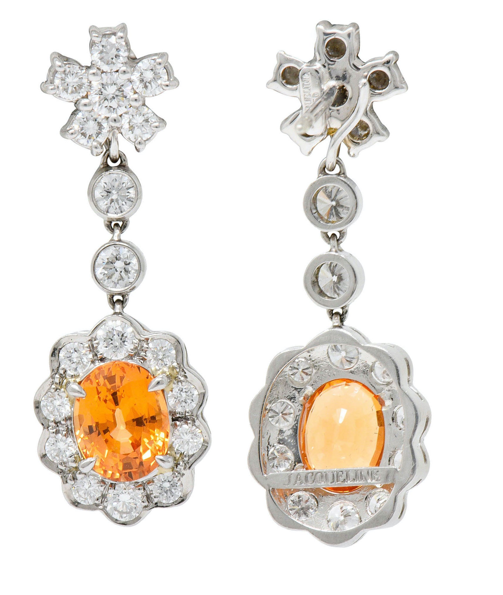 4.50 CTW Orange Sapphire Diamond 18 Karat White Gold Convertible Cluster Drop EarringsEarrings - Wilson's Estate Jewelry