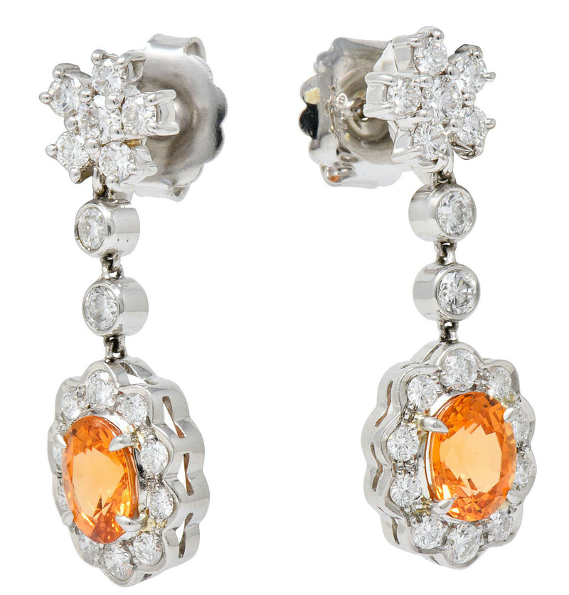 4.50 CTW Orange Sapphire Diamond 18 Karat White Gold Convertible Cluster Drop EarringsEarrings - Wilson's Estate Jewelry