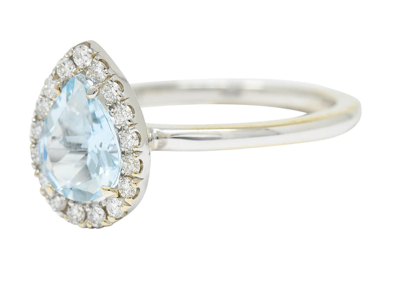 Modern Pear Cut Aquamarine Diamond Halo 18 Karat White Gold RingRing - Wilson's Estate Jewelry