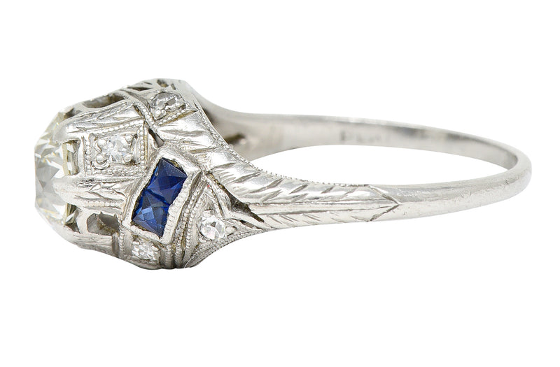 Art Deco 1.24 CTW Diamond Sapphire Platinum Foliate Engagement Ring Wilson's Estate Jewelry
