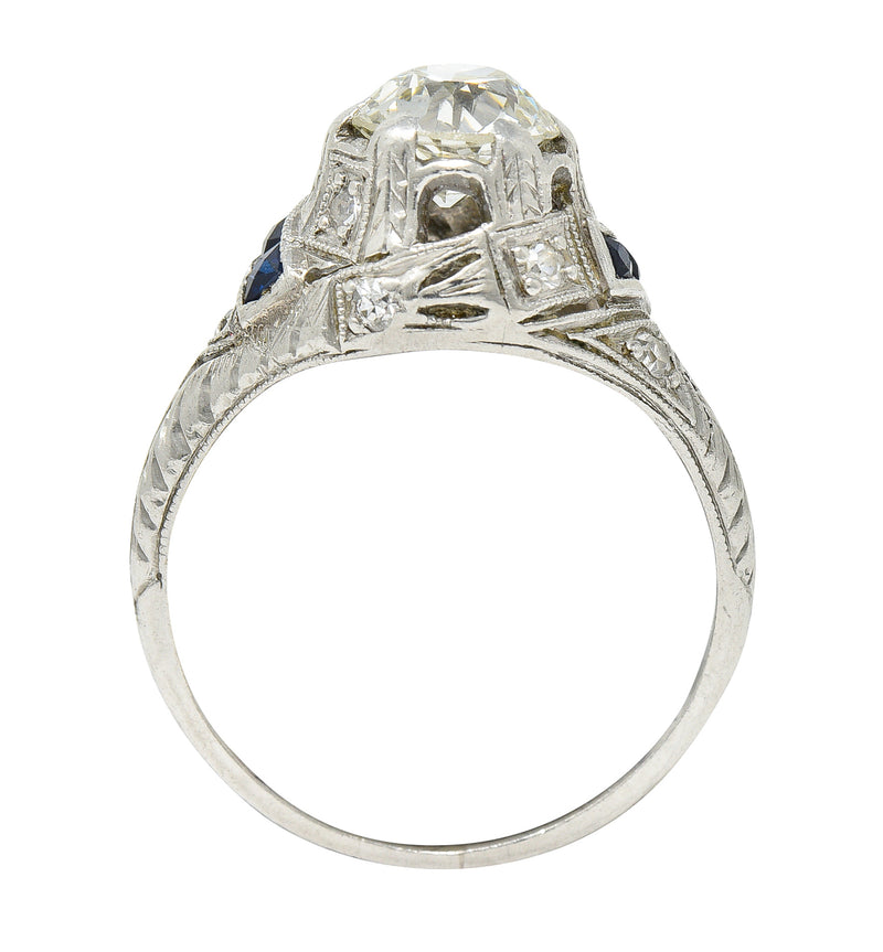 Art Deco 1.24 CTW Diamond Sapphire Platinum Foliate Engagement Ring Wilson's Estate Jewelry