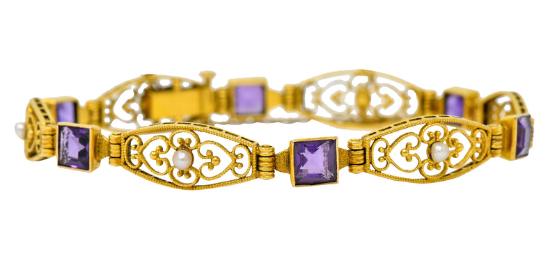 1905 Art Nouveau Amethyst Pearl 14 Karat Gold Link Braceletbracelet - Wilson's Estate Jewelry