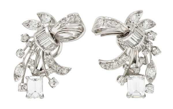 Mid-Century 2.18 CTW Diamond Platinum Ribbon Foliate Vintage Ear-Clip Earrings