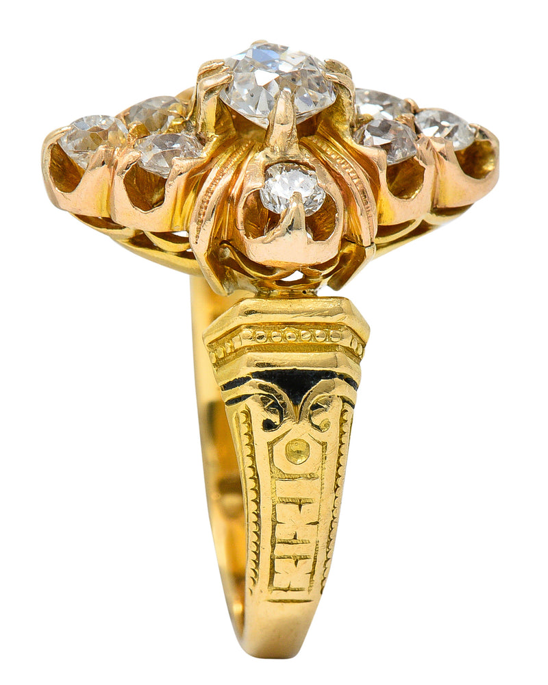 Art Deco 1.00 CTW Diamond Enamel 18 Karat Gold Navette Cluster RingRing - Wilson's Estate Jewelry