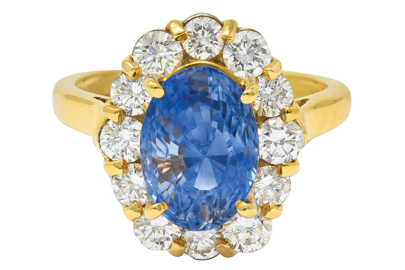 Vintage 5.00 CTW No Heat Ceylon Sapphire Diamond 18 Karat Gold Cluster Ring GIARing - Wilson's Estate Jewelry