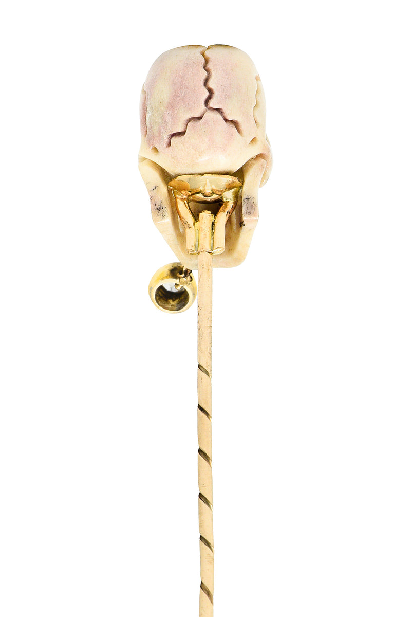 Vintage Bone Diamond 18 Karat Gold Smoking Skull StickpinStick Pin - Wilson's Estate Jewelry