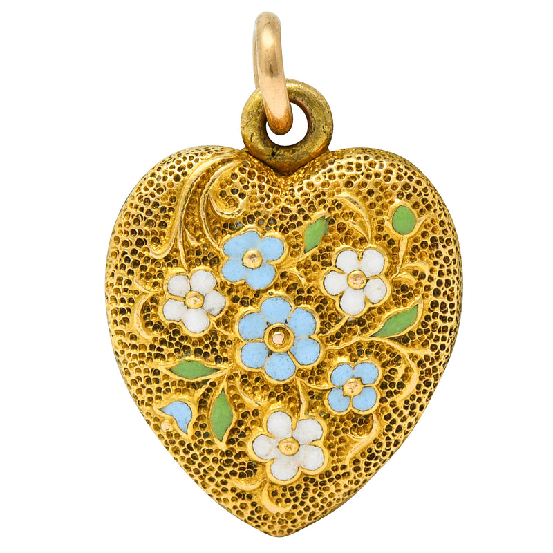 Art Nouveau Enamel 14 Karat Gold Floral Heart Locket Charmcharm - Wilson's Estate Jewelry