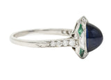 Art Deco 3.60 CTW No Heat Cambodian Sapphire Cabochon Emerald Diamond Geometric Foliate Dinner Ring GIA Wilson's Estate Jewelry