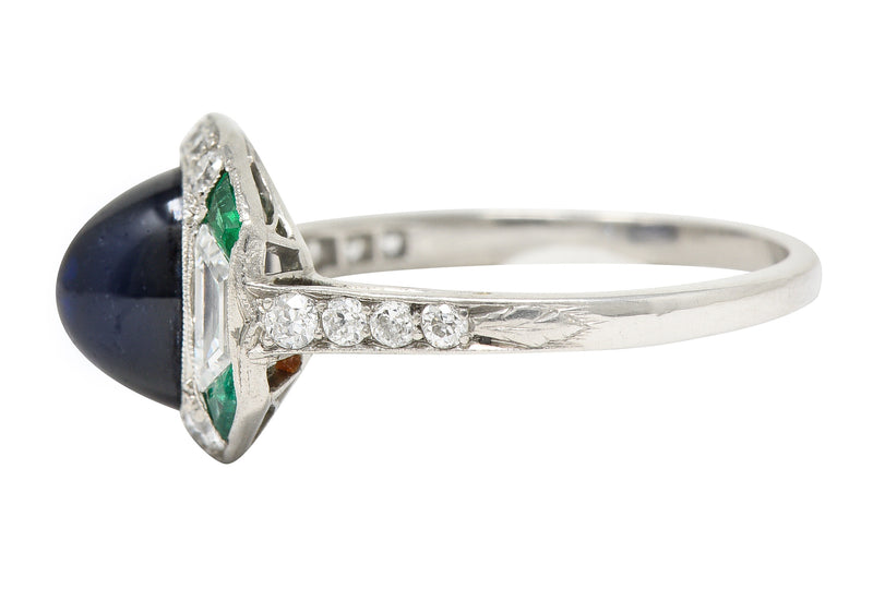 Art Deco 3.60 CTW No Heat Cambodian Sapphire Cabochon Emerald Diamond Geometric Foliate Dinner Ring GIA Wilson's Estate Jewelry