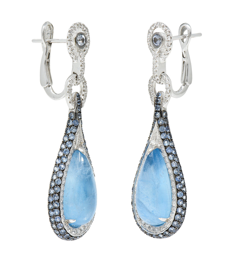 Contemporary 13.00 CTW Aquamarine Sapphire Diamond 18 Karat White Gold Drop Earrings Wilson's Estate Jewelry