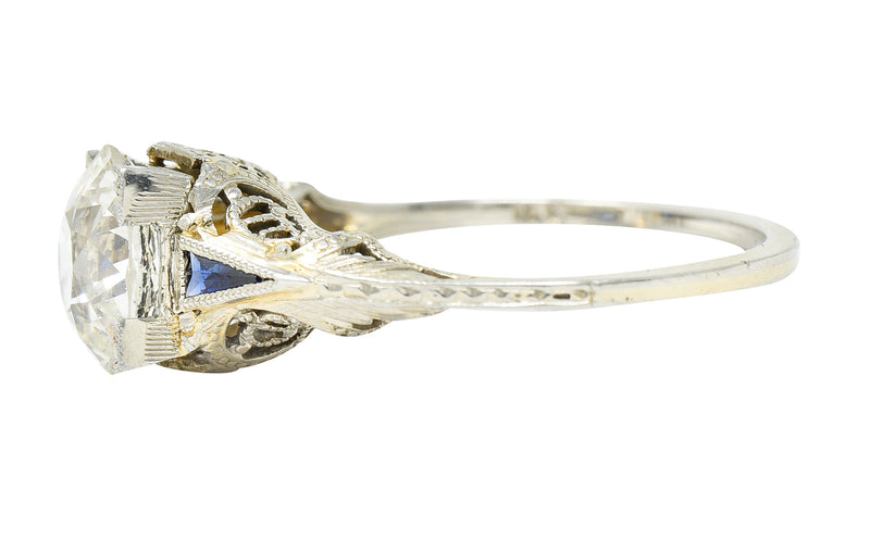 Art Deco 1.76 CTW Old European Cut Diamond Sapphire 18 Karat White Gold Filigree Engagement Ring Wilson's Estate Jewelry