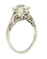 Art Deco 1.76 CTW Old European Cut Diamond Sapphire 18 Karat White Gold Filigree Engagement Ring Wilson's Estate Jewelry