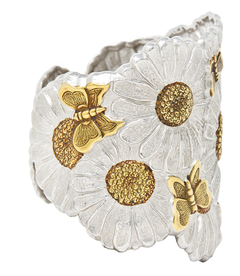 Buccellati Contemporary Italian Sterling Silver 22 Karat Gold Vermeil Butterfly Daisy Blossoms Cuff Bracelet Wilson's Estate Jewelry