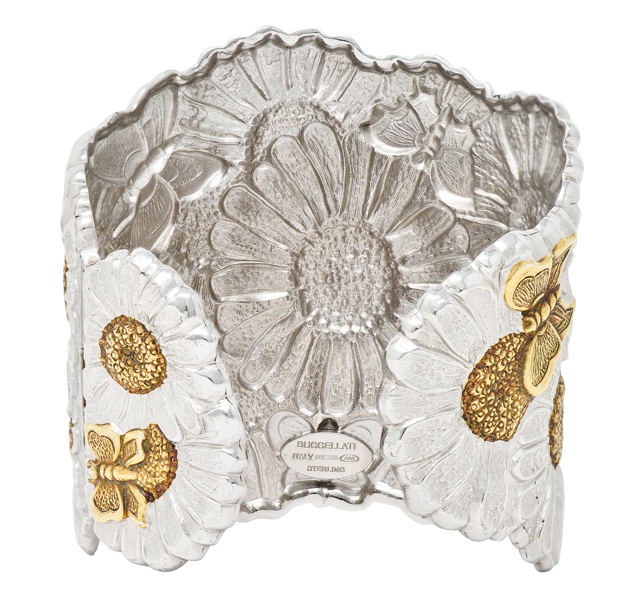 Buccellati Contemporary Italian Sterling Silver 22 Karat Gold Vermeil Butterfly Daisy Blossoms Cuff Bracelet Wilson's Estate Jewelry