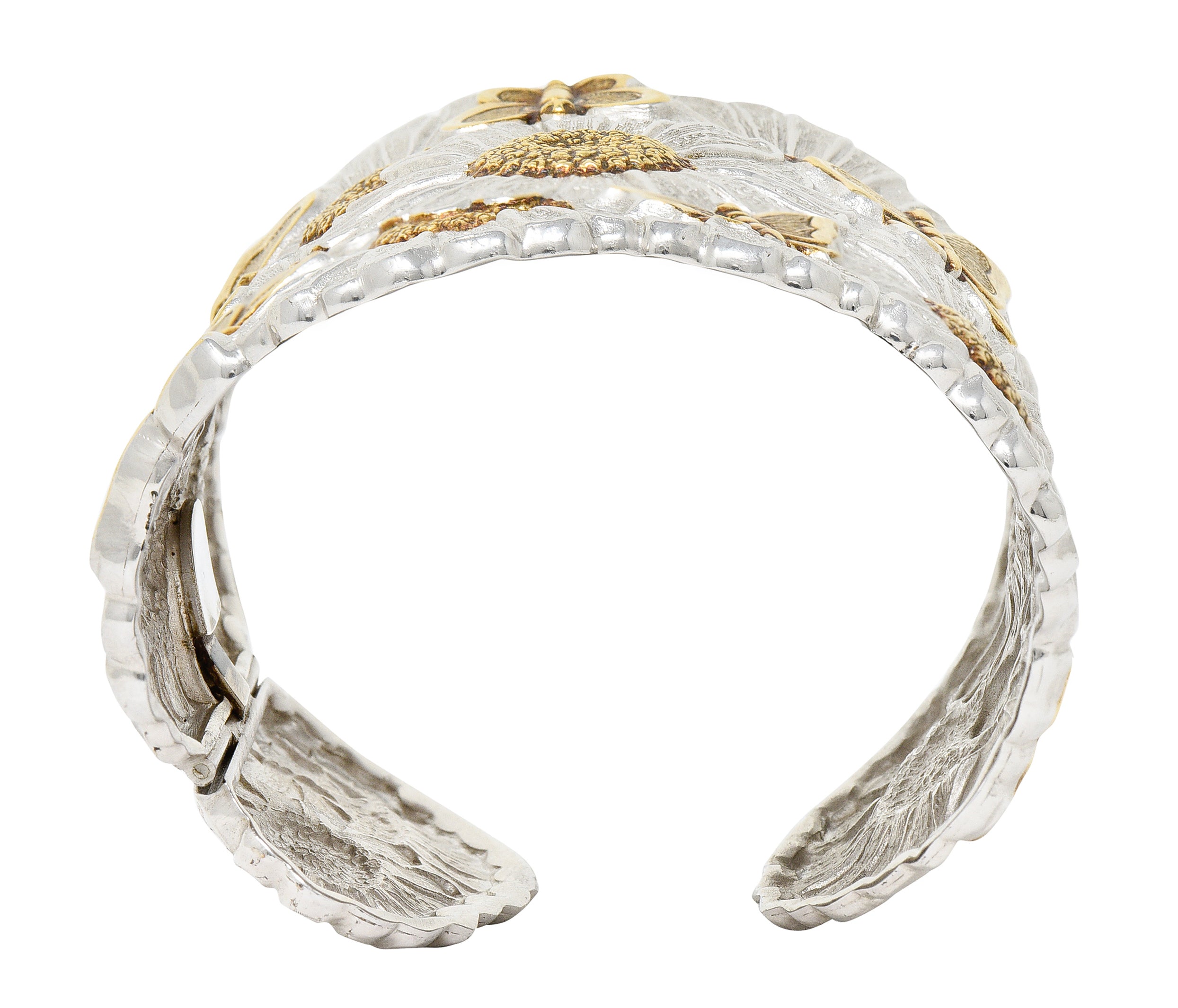 Buccellati Contemporary Italian Sterling Silver 22 Karat Gold Vermeil Butterfly Daisy Blossoms Cuff Bracelet Wilson's Estate Jewelry