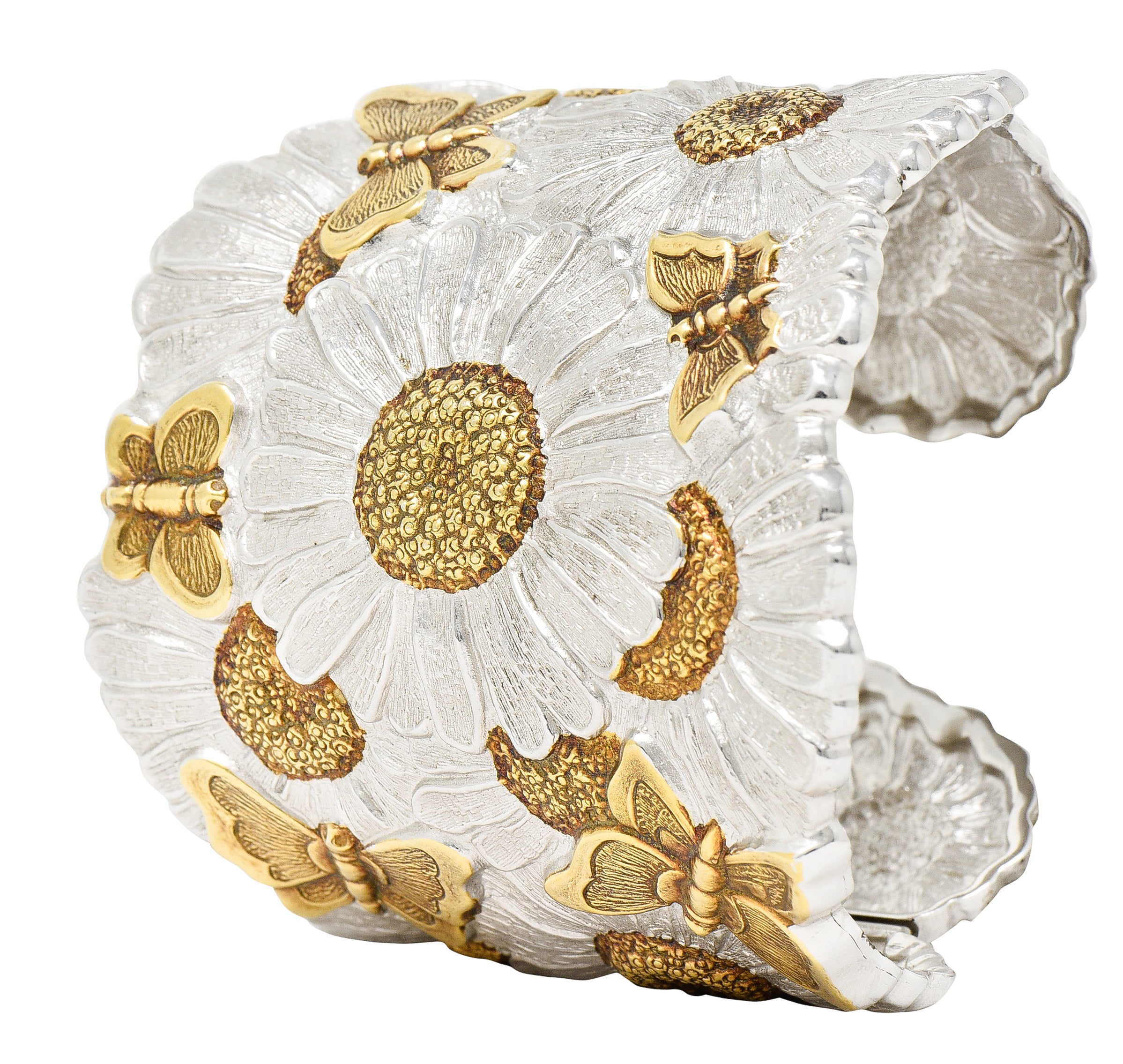 Buccellati Contemporary Italian Sterling Silver 22 Karat Gold Vermeil Butterfly Daisy Blossoms Cuff Bracelet Wilson's Estate Jewelry